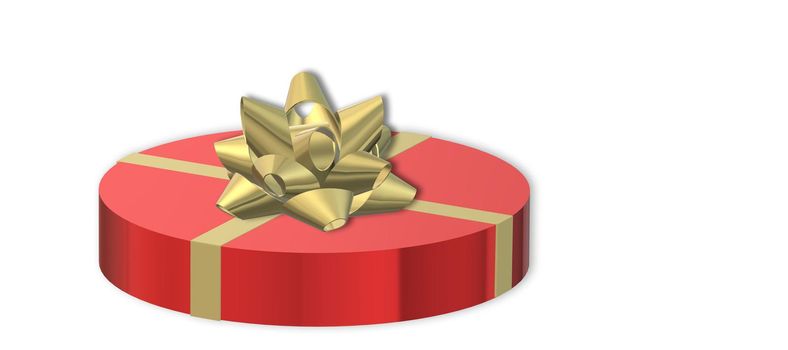 Red gift box with gold ribbon on white. Love, Valentines, birthday, Mothers day, Christmas, New Year's Day. Mock up, place for text. 3D illustration