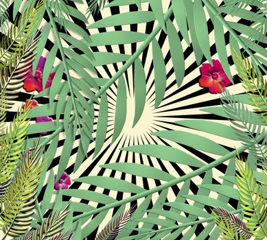 Exotic jungle plants tropical leaves. Pattern, floral 3D illustration on the black yellow geometric background. Nature wallpaper.
