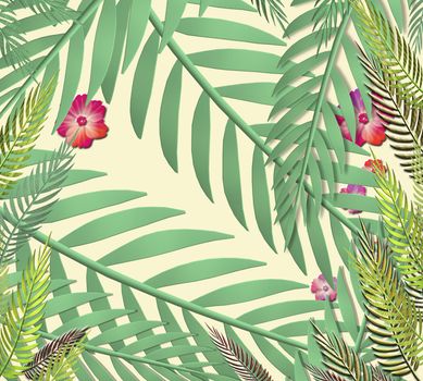 Tropical leaves on yellow background. Exotic botanical design. 3D illustration