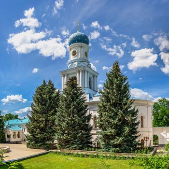 Svyatogorsk, Ukraine 07.16.2020.  Intercession Church on the territory of the Svyatogorsk Lavra  in Ukraine, on a sunny summer day
