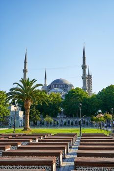 Bright summer day the Blue mosque view at Sultanahmet square in Istanbul city.