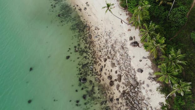 Stones on tropical beach near sea. From above rough boulders located on sandy beach near green palms and blue sea water on Koh Samui, Thailand. Dream beach drone view. Relax and holiday concept
