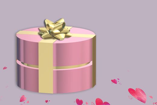 Gifts box. Pink gift box top view with gold bow. Dark background golden text lettering. Horizontal banner, poster, header website. 3D illustration