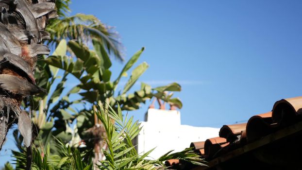 Mexican colonial style suburban, hispanic house exterior, green lush garden, San Diego, California USA. Mediterranean terracotta ceramic clay tile on roof. Rustic spanish tiled rooftop. Rural details.