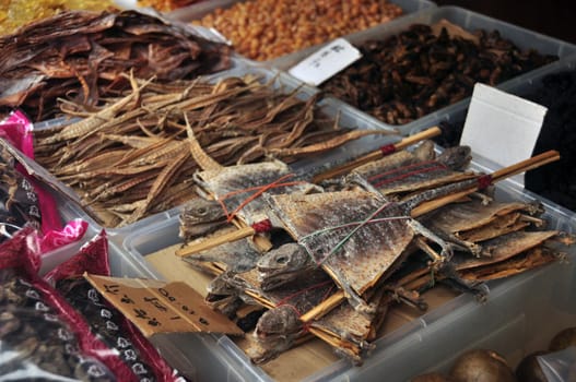 Local market stall with assortment of exotic dried food for sale. Exotic dried Tokkey gekko for sale on street market