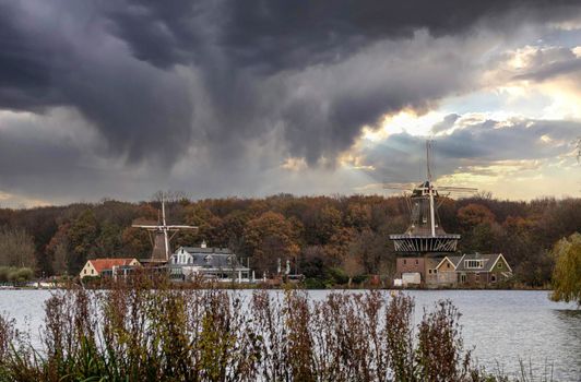 a pond in rotterdam park with two dutch windmills as background