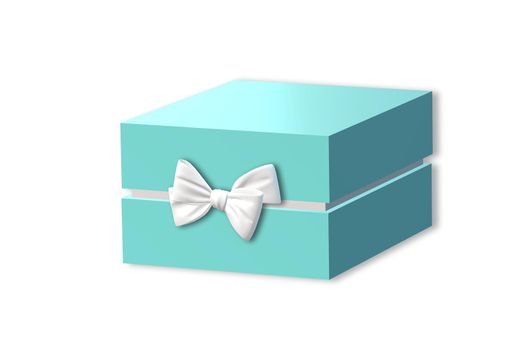 Gift box, present side view on white background. Turquoise blue box, place for text. Valentines, love design, sale, surprise, gift, birthday, wedding, Valentines day card. 3D render