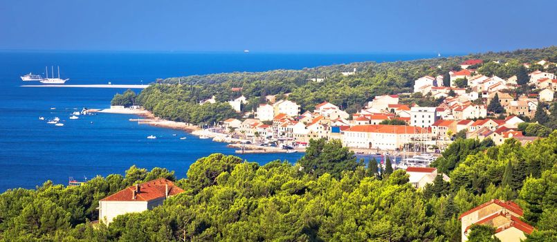 Bol on Brac island. Panoramic view od Bol and Zlatni Rat beach, island of Brac, archipelago of Dalmatia, Croatia
