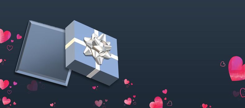 Valentine's Day love design. Horizontal header. Blue gift box, hearts confetti on blue background. Love concept, Valentines design. Place for text, mock up 3D illustration