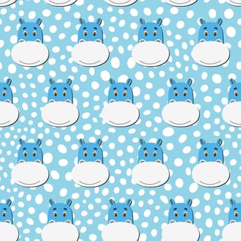 Vector flat animals colorful illustration for kids. Seamless pattern with cute hippopotamus face on blue polka dots background. Adorable cartoon character. Design for card, poster, fabric, textile