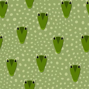 Vector flat animals colorful illustration for kids. Seamless pattern with cute crocodile face on green polka dots background. Adorable cartoon character. Design for card, poster, fabric, textile