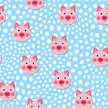 Vector flat animals colorful illustration for kids. Seamless pattern with cute pig face on color polka dots background. Adorable cartoon character. Design for textures, card, poster, fabric, textile