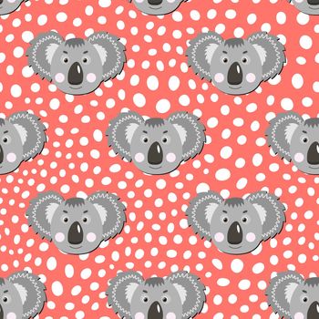 Vector flat animals colorful illustration for kids. Seamless pattern with cute koala face on pink polka dots background. Adorable cartoon character. Design for card, poster, fabric, textile