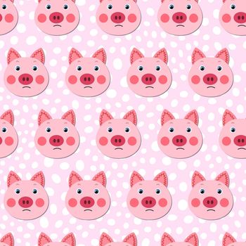 Vector flat animals colorful illustration for kids. Seamless pattern with cute pig face on pink polka dots background. Adorable cartoon character. Design for textures, card, poster, fabric, textile