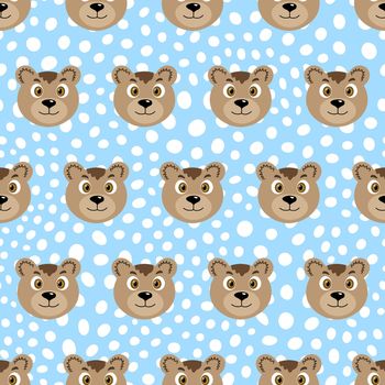 Vector flat animals colorful illustration for kids. Seamless pattern with cute bear face on blue polka dots background. Adorable cartoon character. Design for card, poster, fabric, textile