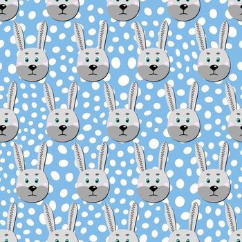 Vector flat animals colorful illustration for kids. Seamless pattern with cute hare face on blue polka dots background. Adorable cartoon character. Design for card, poster, fabric, textile. Rabbit