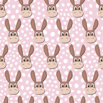 Vector flat animals colorful illustration for kids. Seamless pattern with cute donkey face on pink polka dots background. Cartoon adorable character. Design for textures, card, poster, fabric,textile