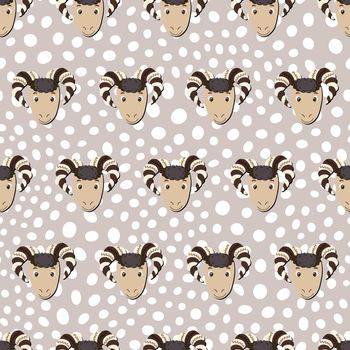 Vector flat animals colorful illustration for kids. Seamless pattern with ram face on beige polka dots background. Cute sheep. Adorable cartoon character. Design for textures, card, fabric, textile