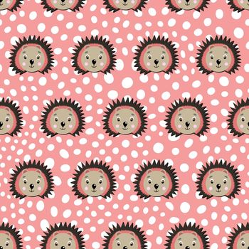 Vector flat animals colorful illustration for kids. Seamless pattern with cute hedgehog face on pink polka dots background. Adorable cartoon character. Design for card, poster, fabric, textile