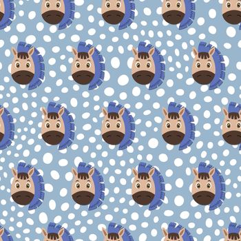 Vector flat animals colorful illustration for kids. Seamless pattern with cute horse face on purple polka dots background. Adorable cartoon character. Design for textures, card, poster, fabric,textile