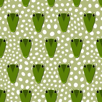 Vector flat animals colorful illustration for kids. Seamless pattern with cute crocodile face on green polka dots background. Adorable cartoon character. Design for card, poster, fabric, textile