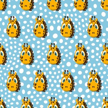 Vector flat animals colorful illustration for kids. Seamless pattern with cute giraffe face on blue polka dots background. Adorable cartoon character. Design for card, poster, fabric, textile