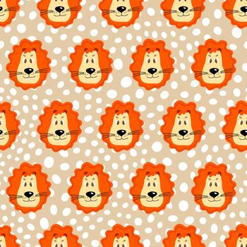 Vector flat animals colorful illustration for kids. Seamless pattern with cute lion face on beige polka dots background. Adorable cartoon character.Design for textures, card, poster, fabric, textile