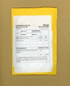 CN22 customs declaration document for international shipping, with information about goods, value, shipper and receiver