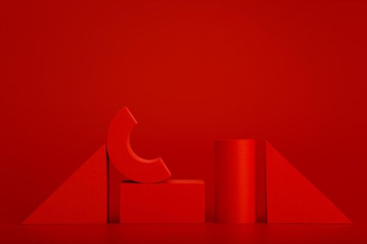 Red abstract horizontal monochromatic background with geometrical figures and space for text. Concept of monochrome and minimalistic template
