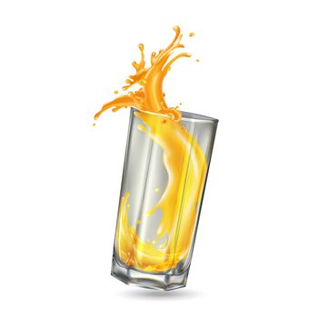Orange juice splash in a transparent glass.
