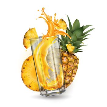Composition of whole and sliced pineapple and a splash of juice in a transparent glass.