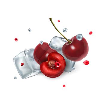 Composition with fresh cherries and ice cubes on a white background. Realistic style illustration.