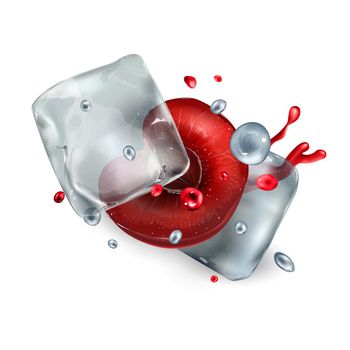 Composition with half cherry berry and ice cubes on a white background. Realistic style illustration.