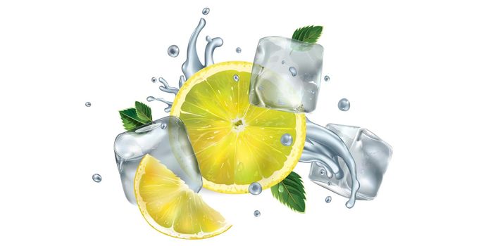 Composition with fresh lemon, mint leaves and ice cubes on a white background. Realistic style illustration.