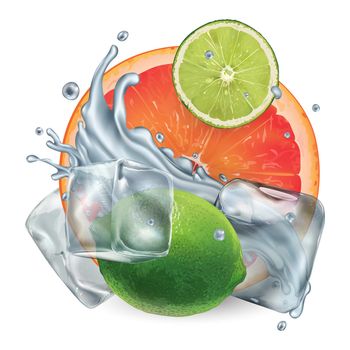 Composition with grapefruit, lime and ice cubes on a white background. Realistic style illustration.