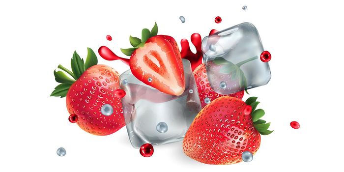 Composition with fresh strawberries and ice cubes on a white background. Realistic style illustration.