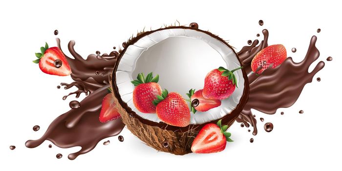 Fresh coconut with strawberries and a splash of liquid chocolate on a white background. Realistic style illustration.