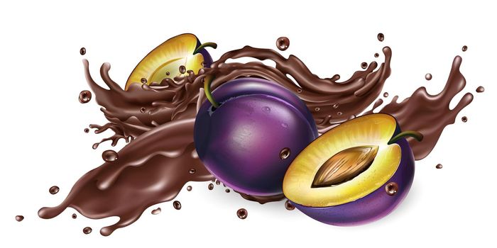Whole and sliced plums and a splash of liquid chocolate on a white background. Realistic style illustration.