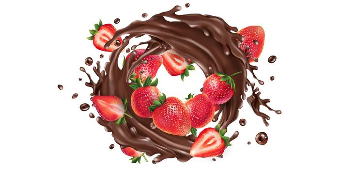 Fresh strawberries and a splash of liquid chocolate on a white background. Realistic style illustration.