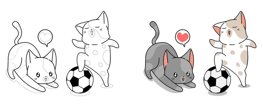 2 cute cats are playing football cartoon coloring page