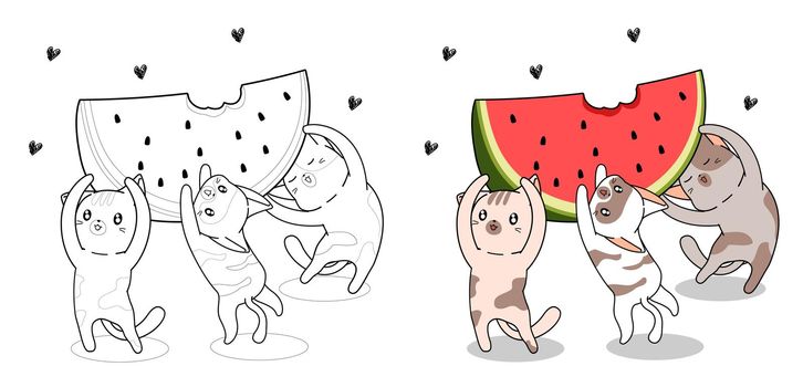 Cute cats are lifting big watermelon cartoon coloring page