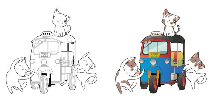 Cute cat characters and Thai motor tricycle cartoon coloring page