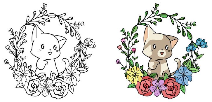 Cute cat characters with wreath cartoon coloring page