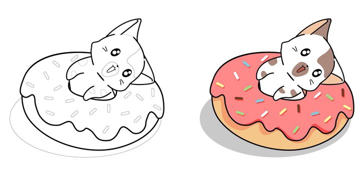 Cute cat in big donut cartoon coloring page