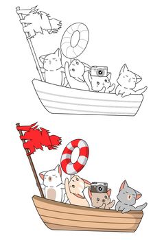Cute cats in the boat are going to travel cartoon coloring page