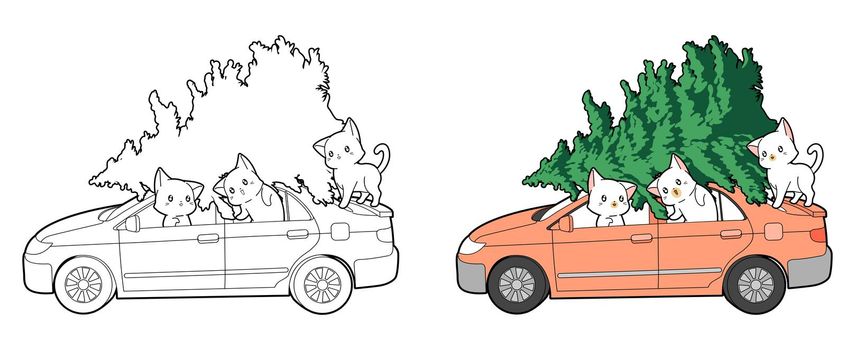 Kawaii cats is in the car with Christmas tree cartoon coloring page for kids