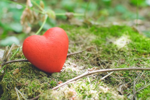 Red decorative heart on an old tree stump with moss. Love concept.