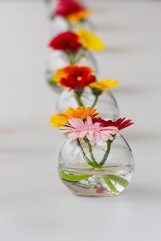 Aligned colorfull flowers on a dinning table with a white napkin and the first bouquette focused and the rest defocussed