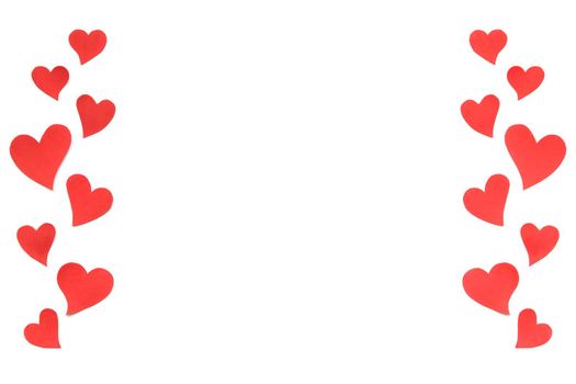 Valentines Day card background, border of red cute hearts made of paper. White background with hearts in paper cut in different size. Valentine Day romantic. Copyspace