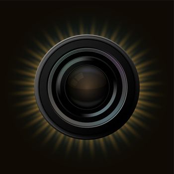 Vector modern camera icon with orange rays on dark background